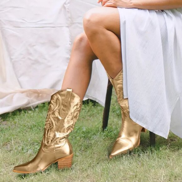 Shoes - NWT Gold Metallic Cowboy Boots, Vegan Leather, Embroidered, Mid Calf, Stunning!